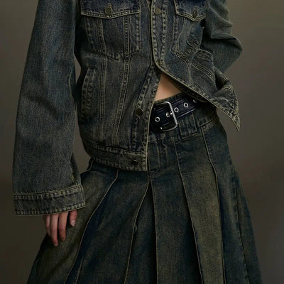 Vintage Pleated Denim Skirt Korean Street Fashion Skirt By Opicloth Shop Online at OH Vault