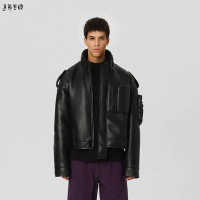 Structured Boxy Leather Jacket Korean Street Fashion Jacket By JHYQ Shop Online at OH Vault