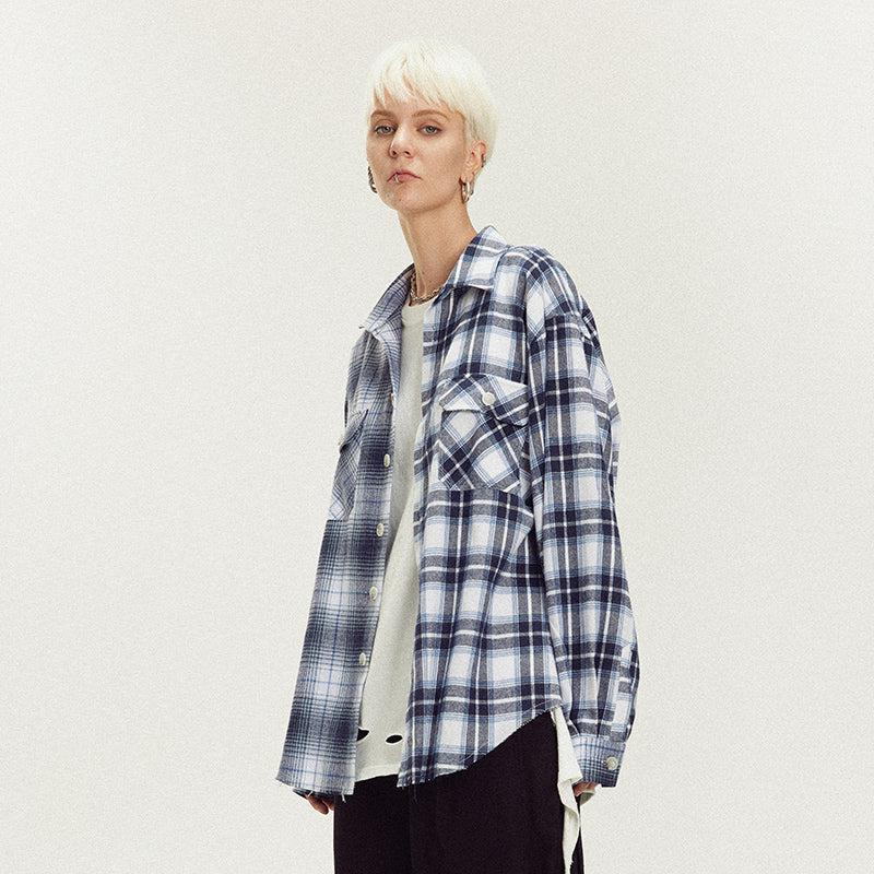 Asymmetrical Plaid Long Sleeve Shirt Korean Street Fashion Shirt By Lost CTRL Shop Online at OH Vault