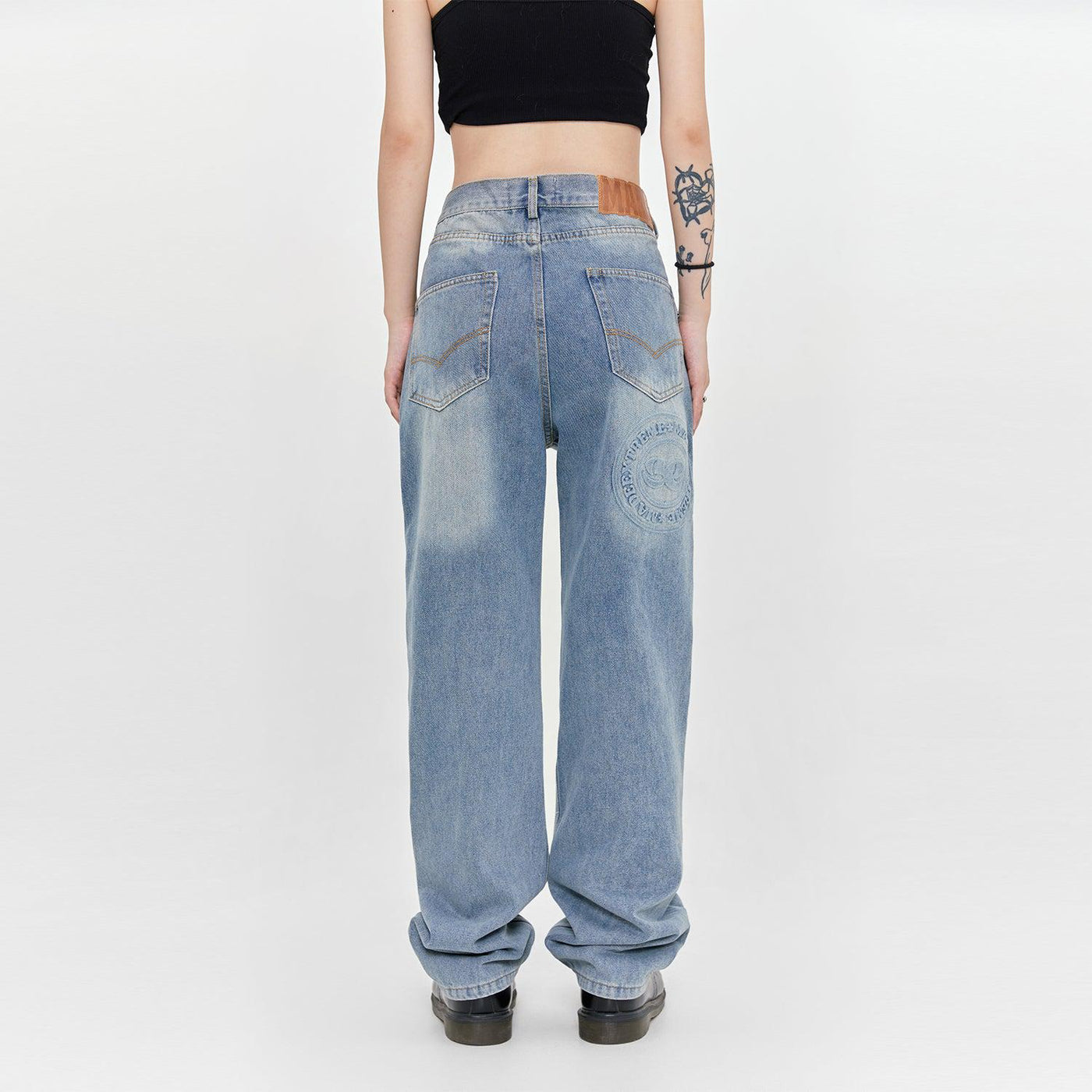 Washed Logo Patch Loose Straight Jeans Korean Street Fashion Jeans By Made Extreme Shop Online at OH Vault