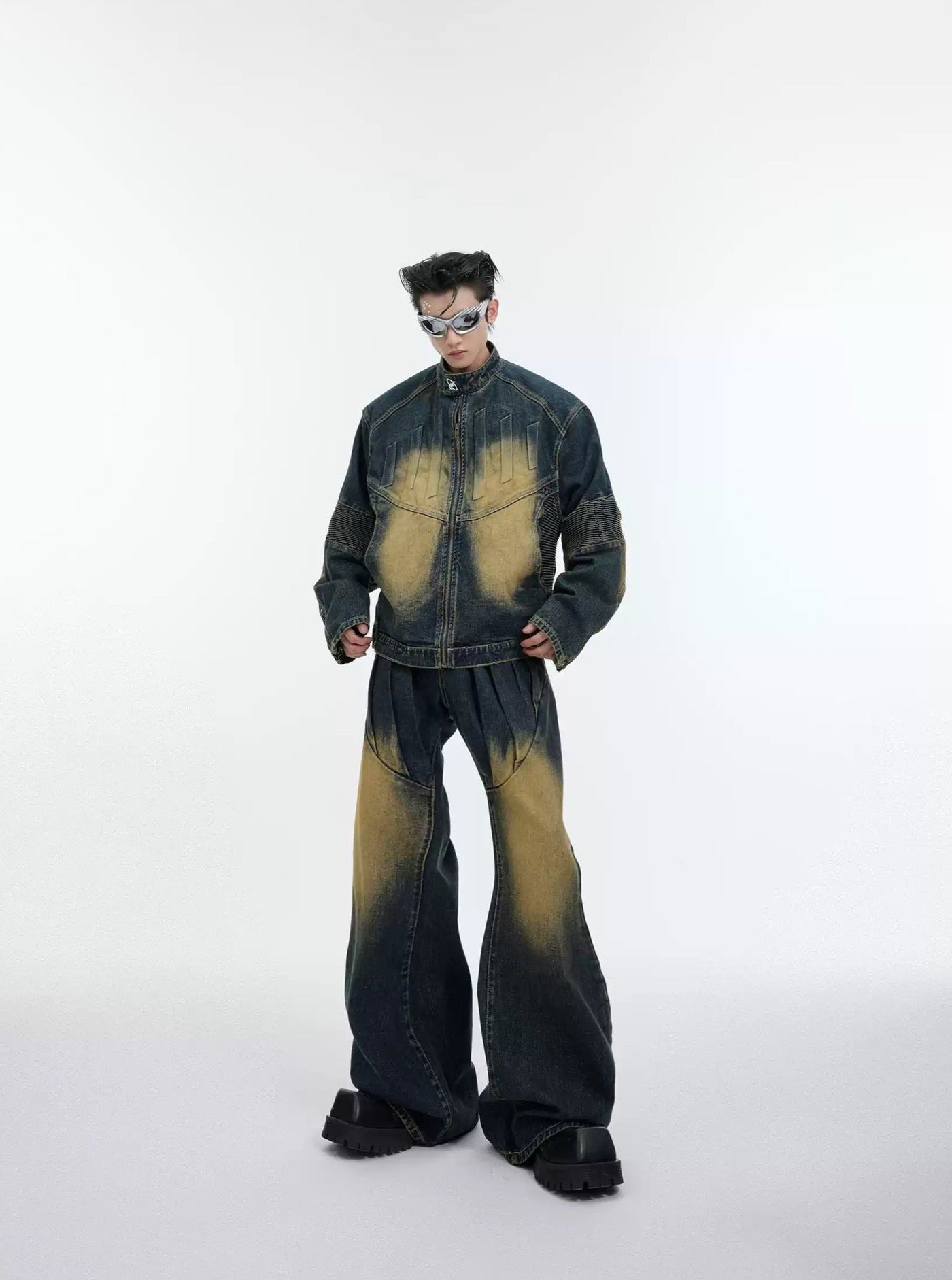 Fade Zipped Denim Jacket & Jeans Set Korean Street Fashion Clothing Set By Argue Culture Shop Online at OH Vault