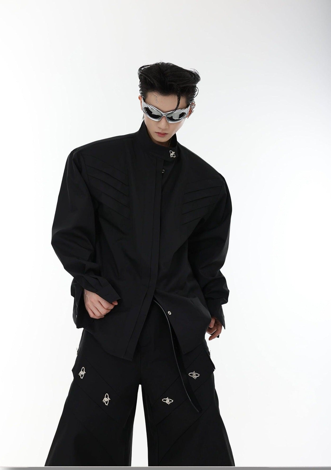Metallic Stand Collar Long Sleeve Shirt Korean Street Fashion Shirt By Argue Culture Shop Online at OH Vault