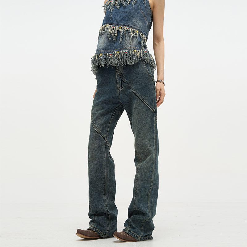 77Flight Washed Stitched Detail Jeans Korean Street Fashion Jeans By 77Flight Shop Online at OH Vault