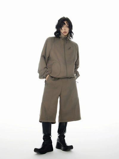 Zip-Up Athleisure Jacket & Wide Shorts Set Korean Street Fashion Clothing Set By Cro World Shop Online at OH Vault
