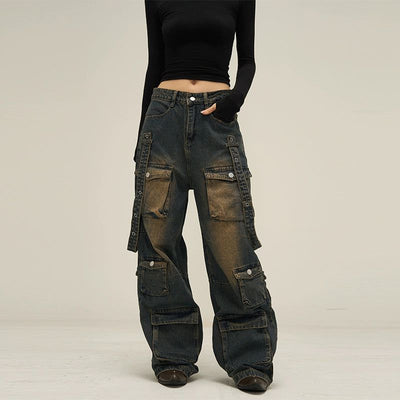 Gradient Flap Pocket Cargo Jeans Korean Street Fashion Jeans By 77Flight Shop Online at OH Vault