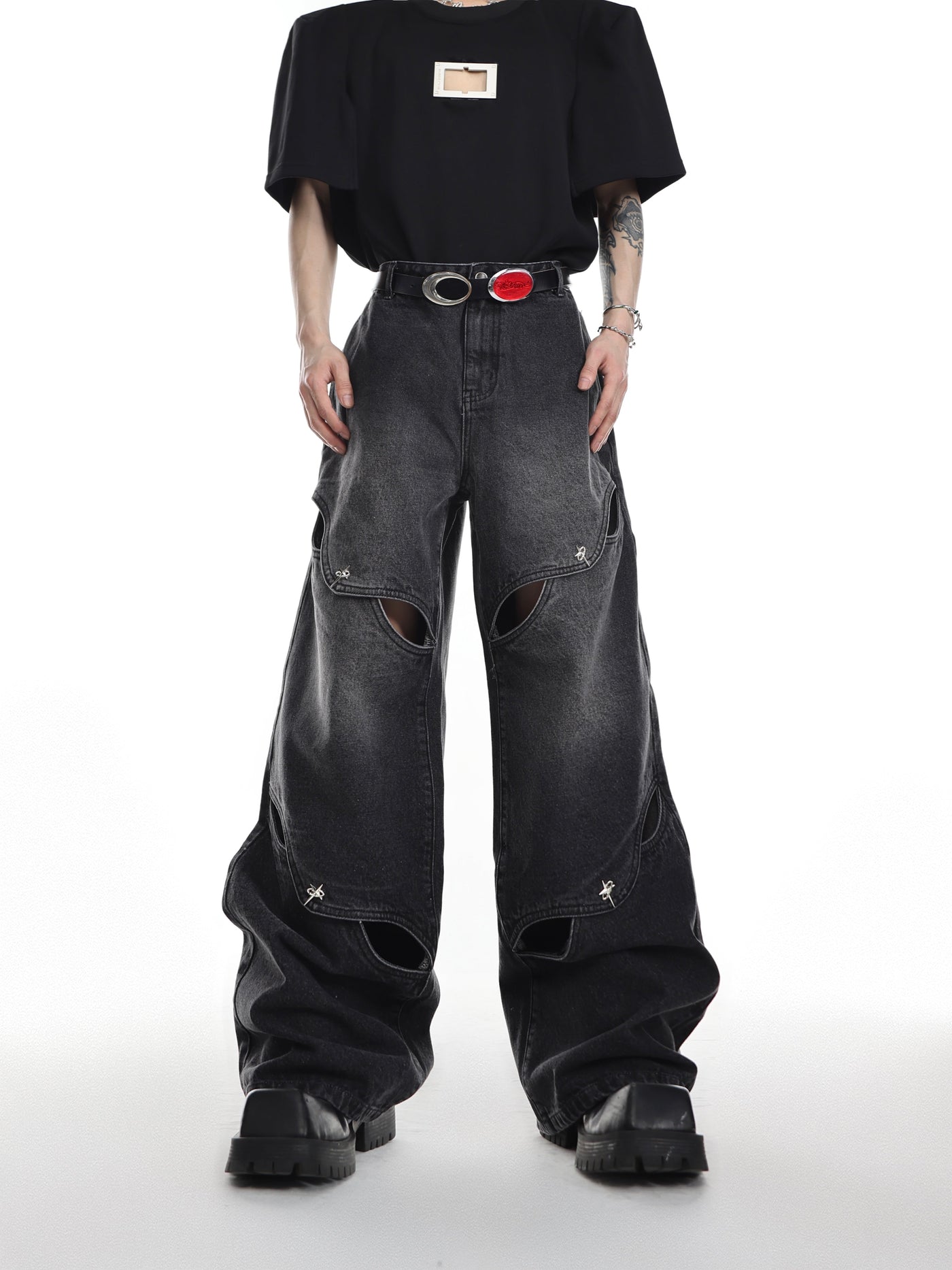 Argue Culture Washed Metal Buttoned Hollow Jeans Korean Street Fashion Jeans By Argue Culture Shop Online at OH Vault