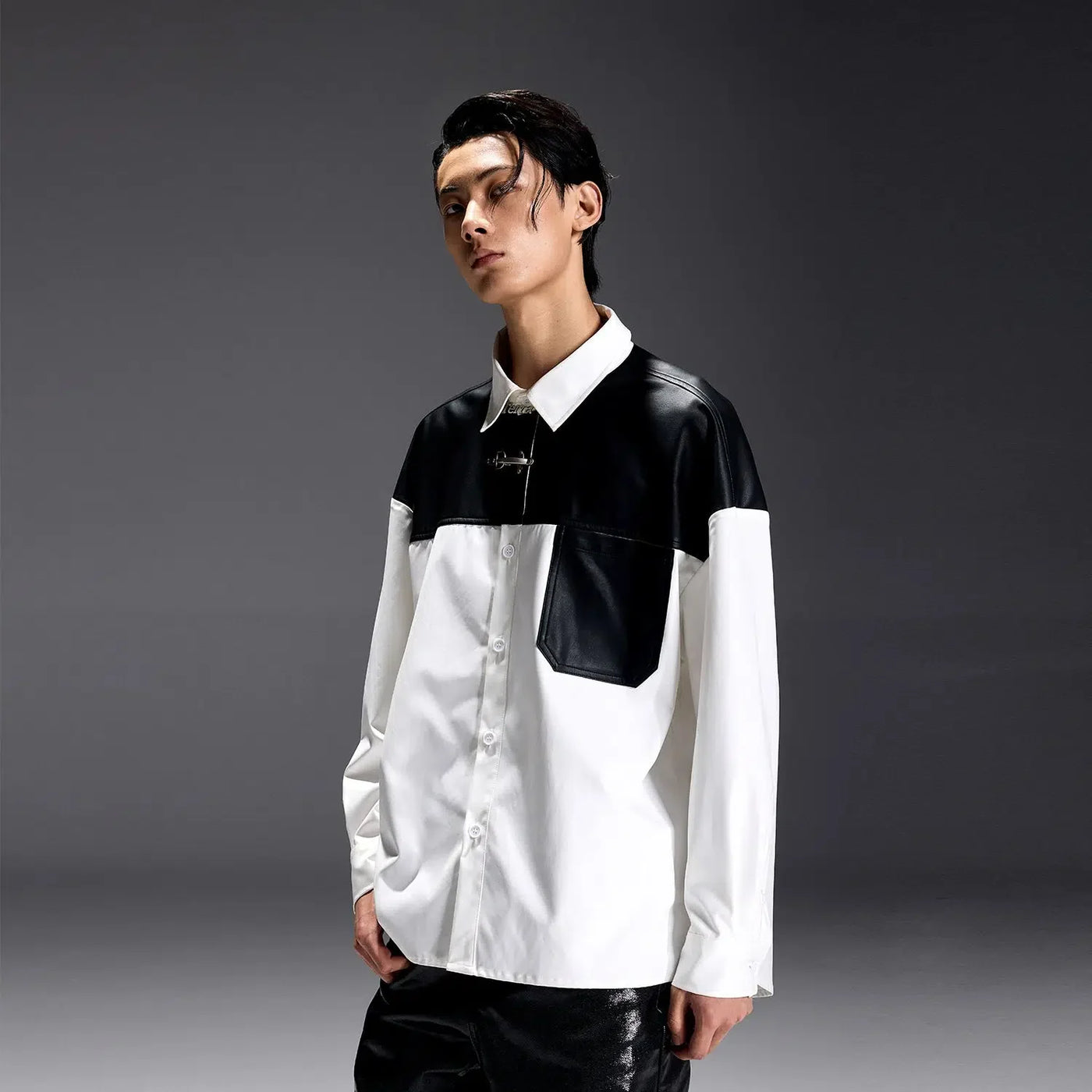 Faux Leather Contrast Shirt Korean Street Fashion Shirt By Terra Incognita Shop Online at OH Vault