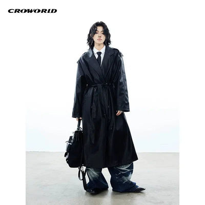 Peak Lapel PU Leather Trench Coat Korean Street Fashion Long Coat By Cro World Shop Online at OH Vault