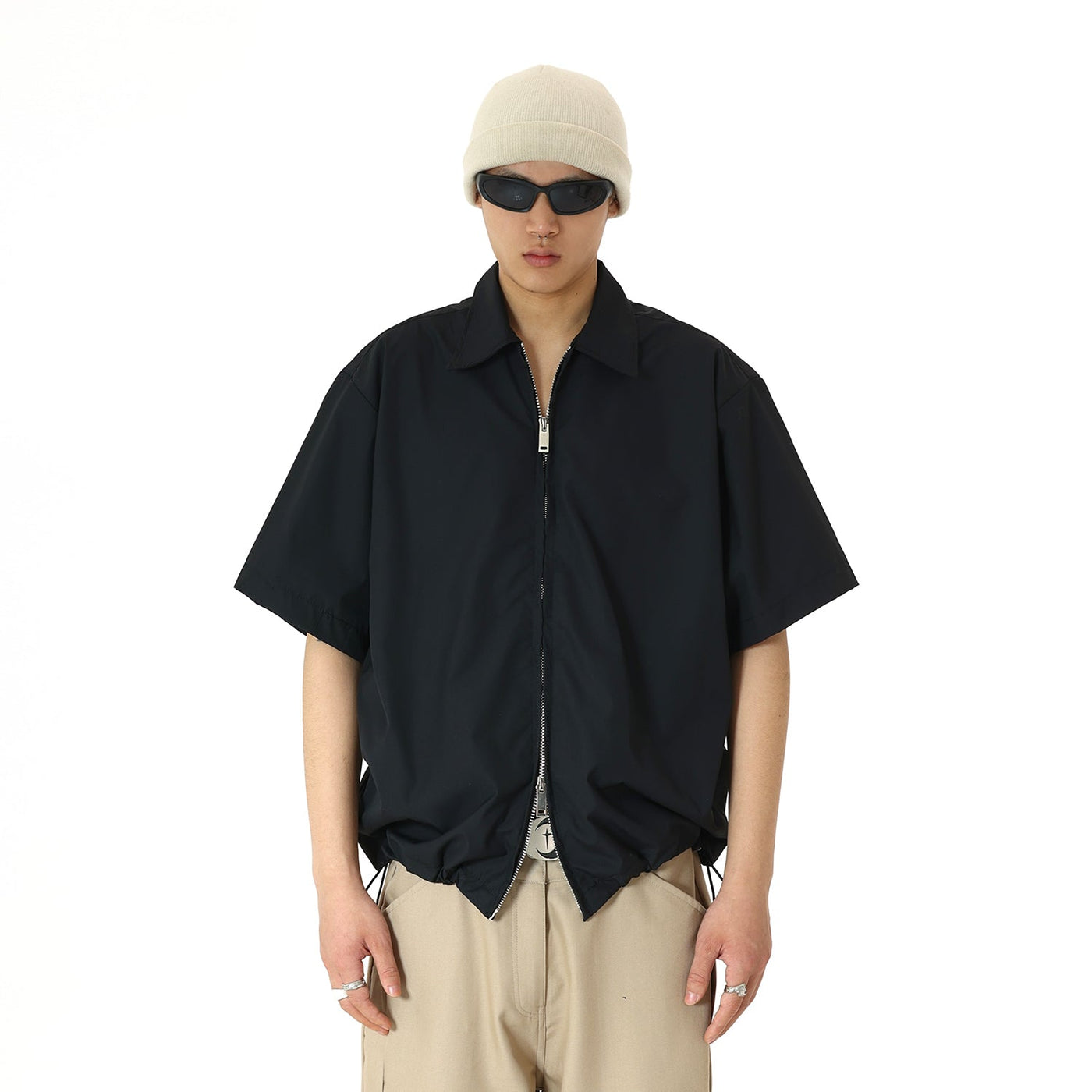 Solid Drawstring Hem Zip-Up Shirt Korean Street Fashion Shirt By MEBXX Shop Online at OH Vault