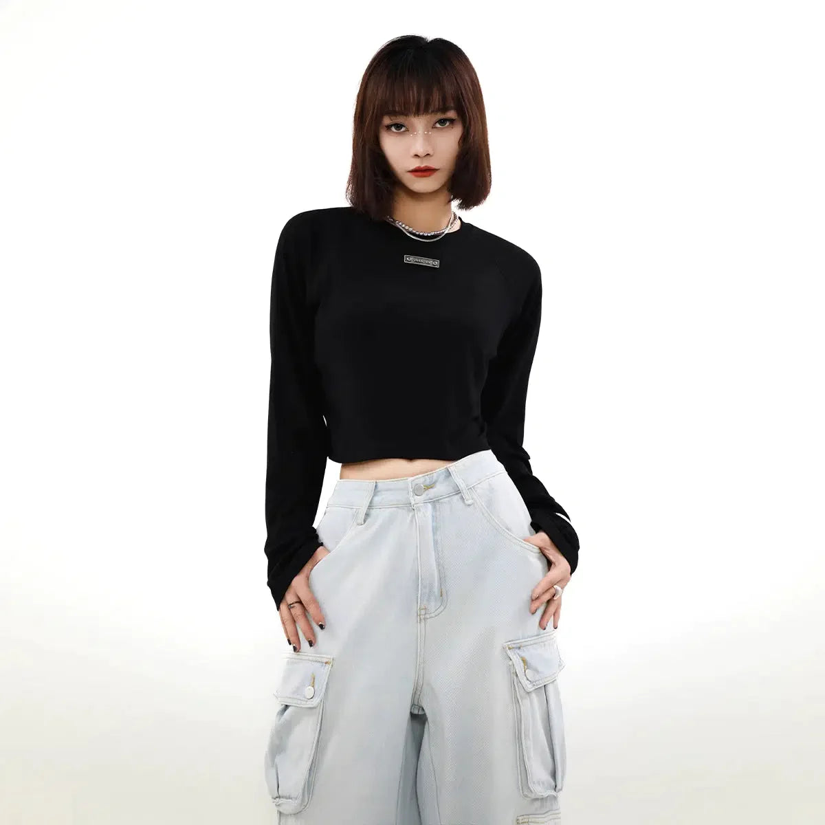 Ribbed Long Sleeves Cropped T-Shirt Korean Street Fashion T-Shirt By Mr Nearly Shop Online at OH Vault