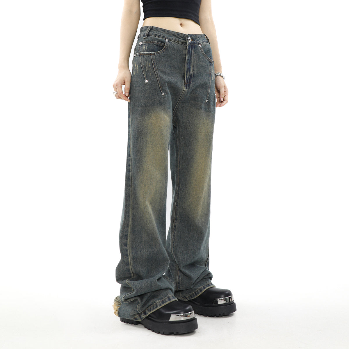 Distressed Buttons Flare Leg Jeans Korean Street Fashion Jeans By Mr Nearly Shop Online at OH Vault