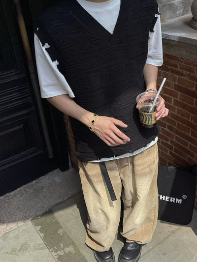 Distressed Knit V-Neck Vest Korean Street Fashion Vest By Poikilotherm Shop Online at OH Vault