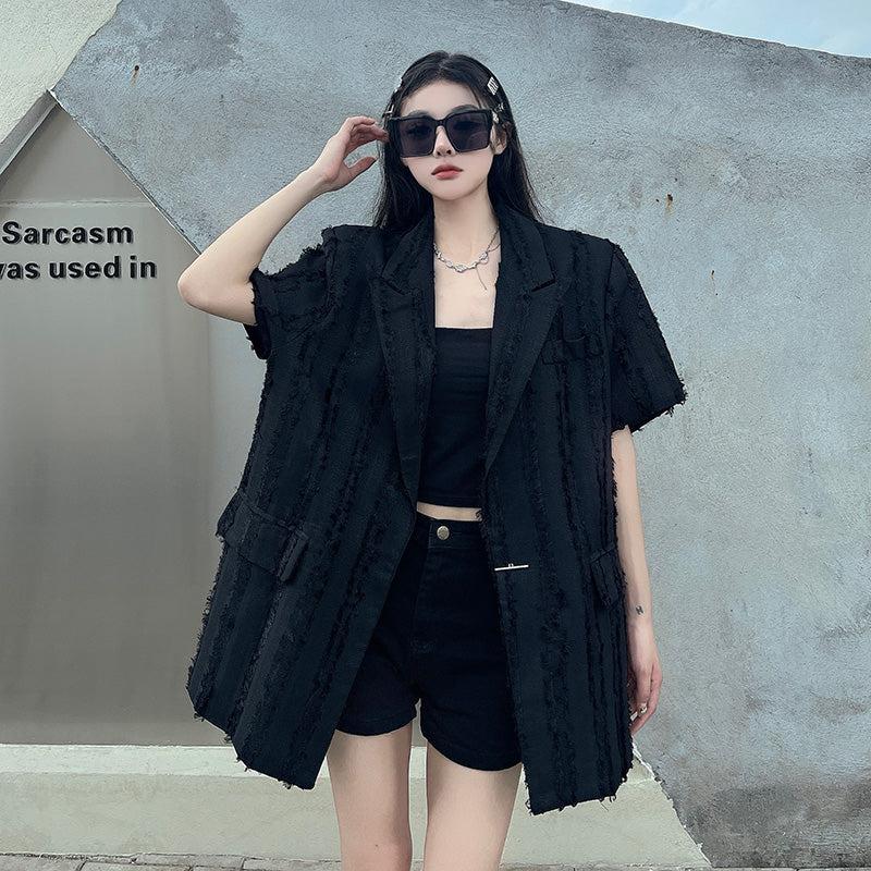 Made Extreme Frayed Textured Loose Blazer Korean Street Fashion Blazer By Made Extreme Shop Online at OH Vault