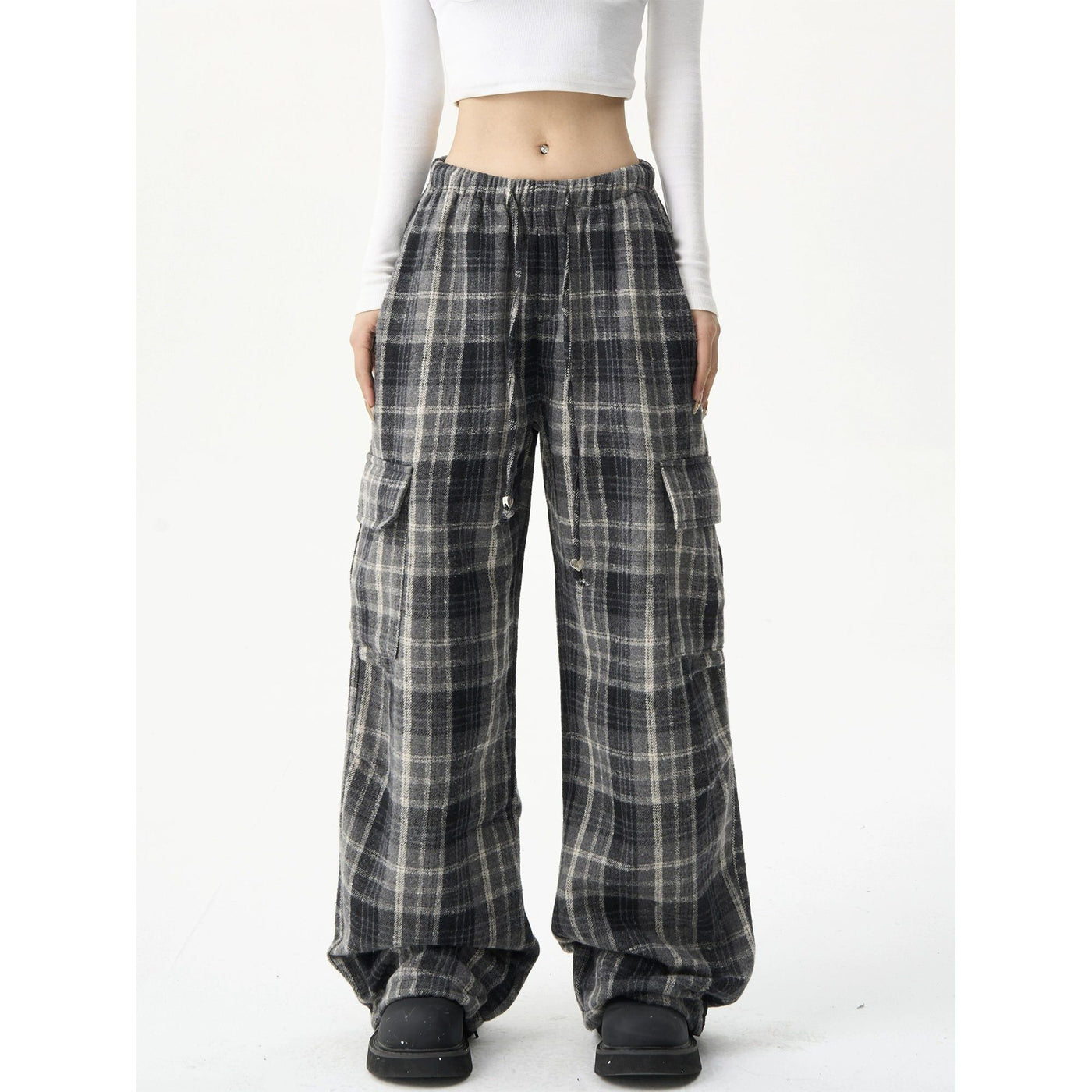 Drawstring Waist Plaid Cargo Pants Korean Street Fashion Pants By MaxDstr Shop Online at OH Vault