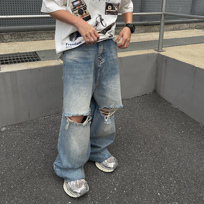 Washed Ripped Knee Wide Leg Jeans Korean Street Fashion Jeans By FATE Shop Online at OH Vault