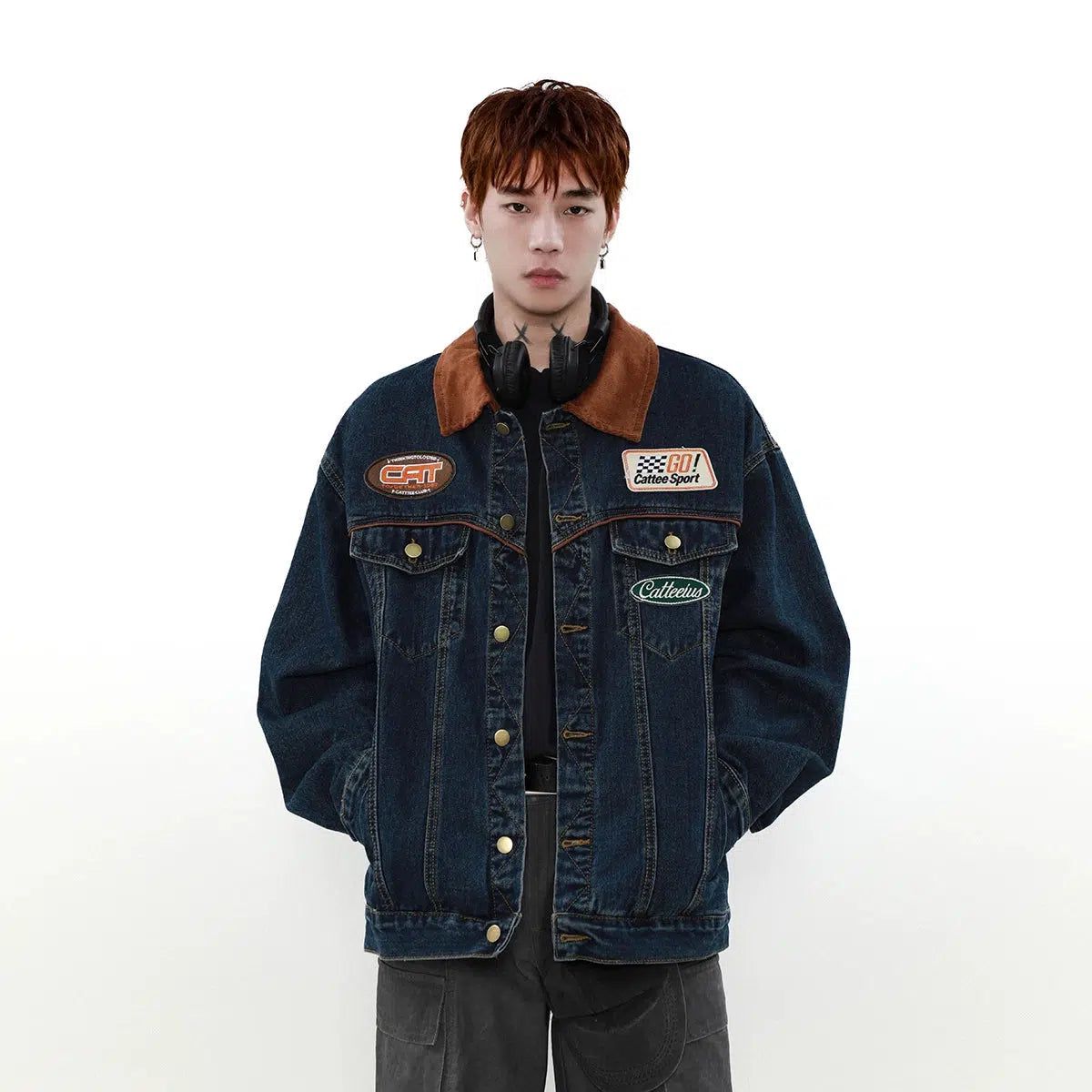 Contrast Washed Logo Embroidery Denim Jacket Korean Street Fashion Jacket By Mr Nearly Shop Online at OH Vault