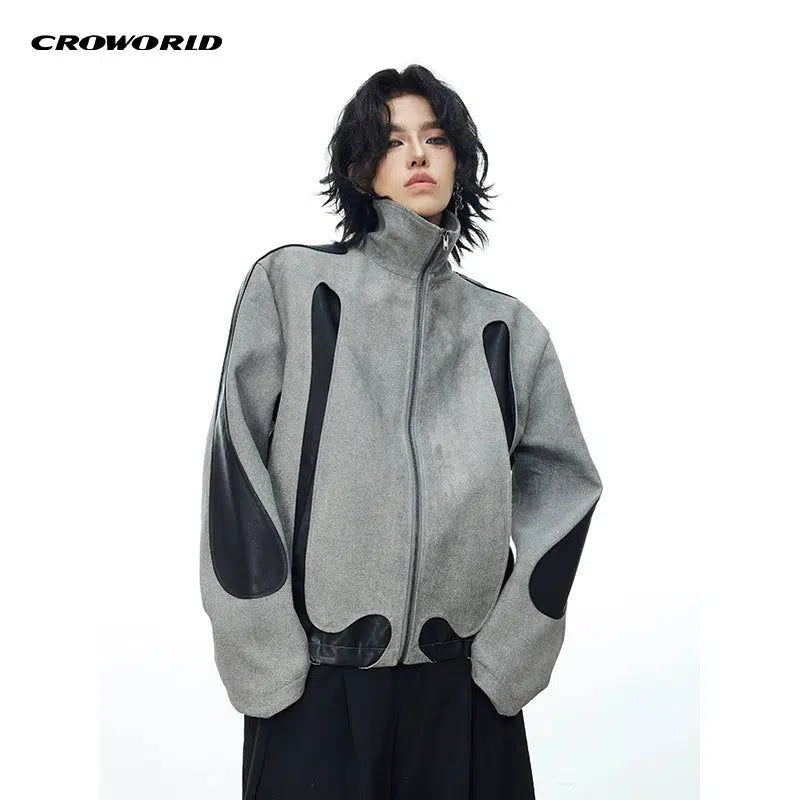 Contrast High Collar Leather Jacket Korean Street Fashion Jacket By Cro World Shop Online at OH Vault