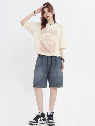 Washed Stitched Detail Denim Shorts Korean Street Fashion Shorts By INS Korea Shop Online at OH Vault