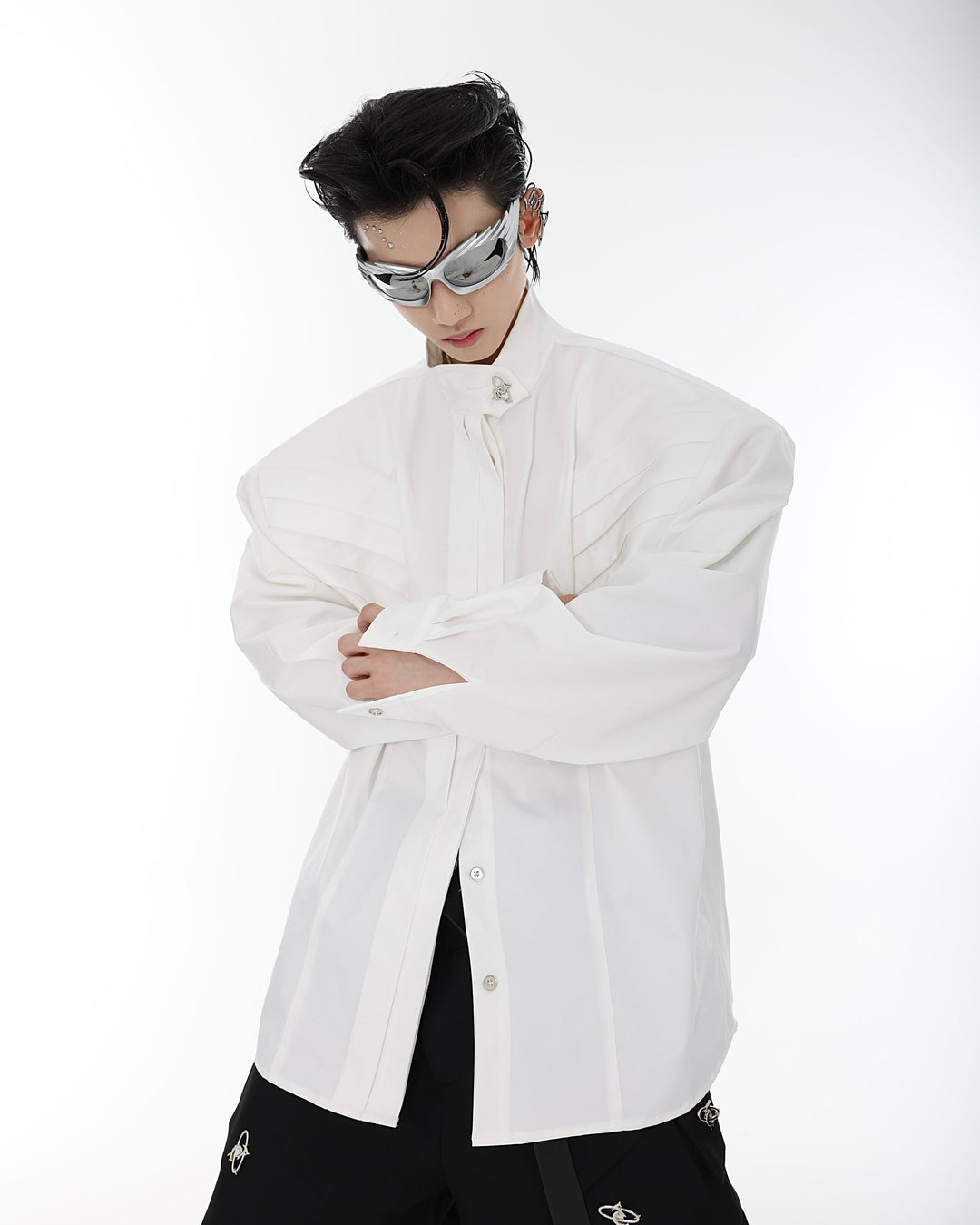 Metallic Stand Collar Long Sleeve Shirt