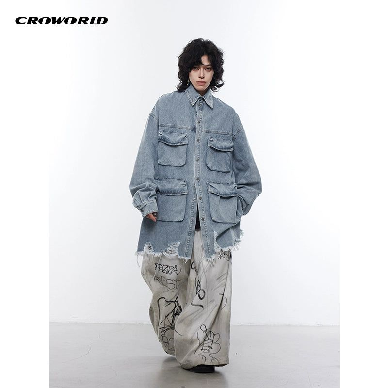 Washed Multi-Pocket Distressed Denim Shirt Korean Street Fashion Shirt By Cro World Shop Online at OH Vault