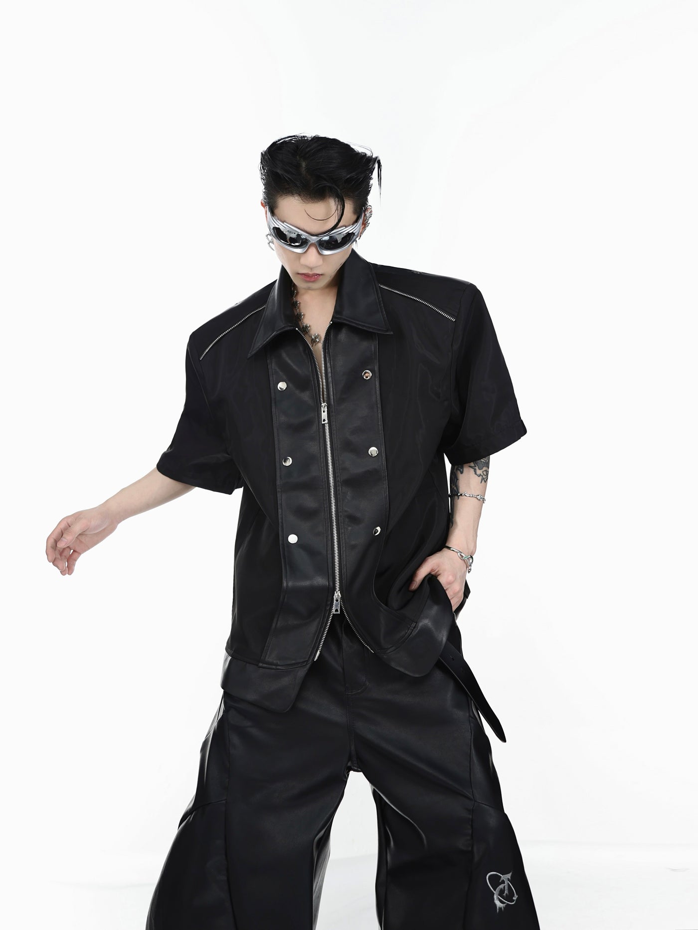 Argue Culture Leather Stitched Metal Buttoned Shirt Korean Street Fashion Shirt By Argue Culture Shop Online at OH Vault