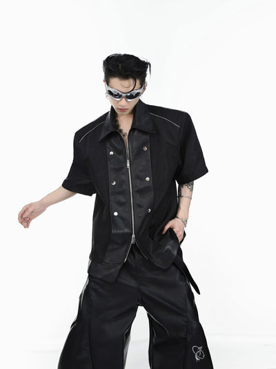 Leather Stitched Metal Buttoned Shirt Korean Street Fashion Shirt By Argue Culture Shop Online at OH Vault