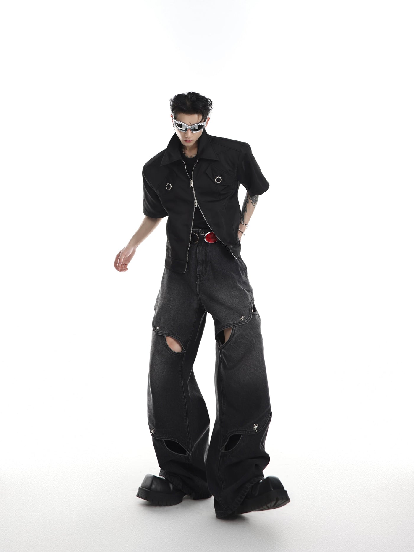 Washed Metal Buttoned Hollow Jeans Korean Street Fashion Jeans By Argue Culture Shop Online at OH Vault