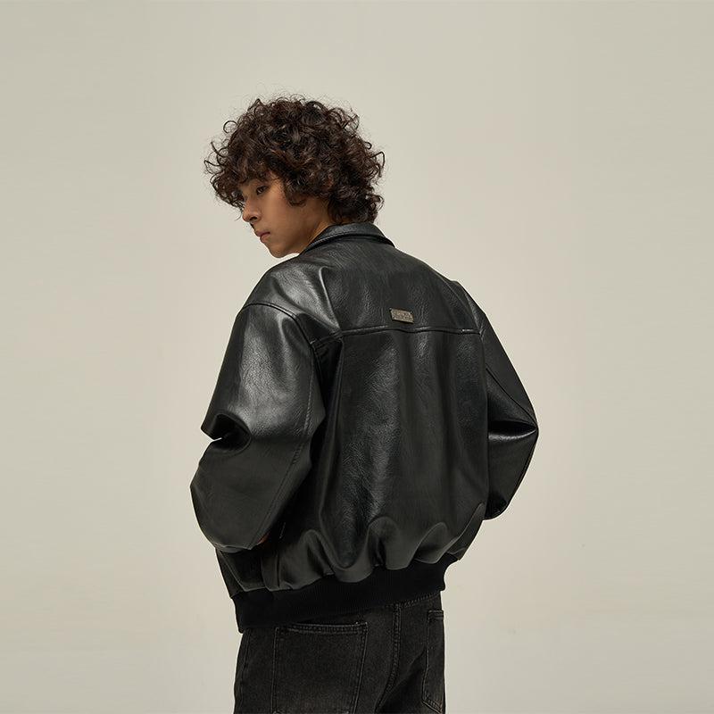77Flight Metal Bar Buttons Faux Leather Jacket Korean Street Fashion Jacket By 77Flight Shop Online at OH Vault
