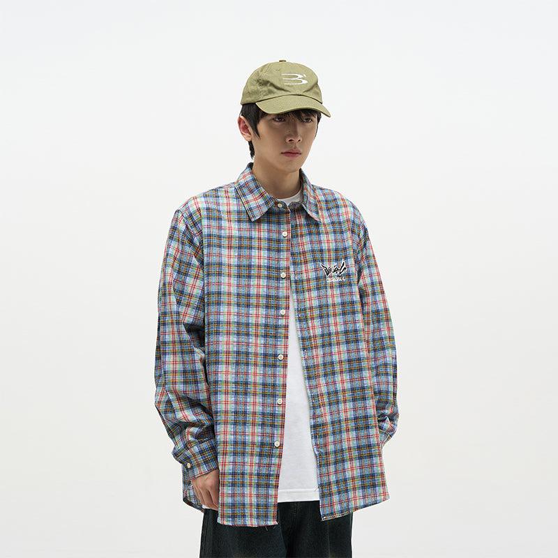 77Flight Embroidered Plaid Long Sleeve Shirt Korean Street Fashion Shirt By 77Flight Shop Online at OH Vault