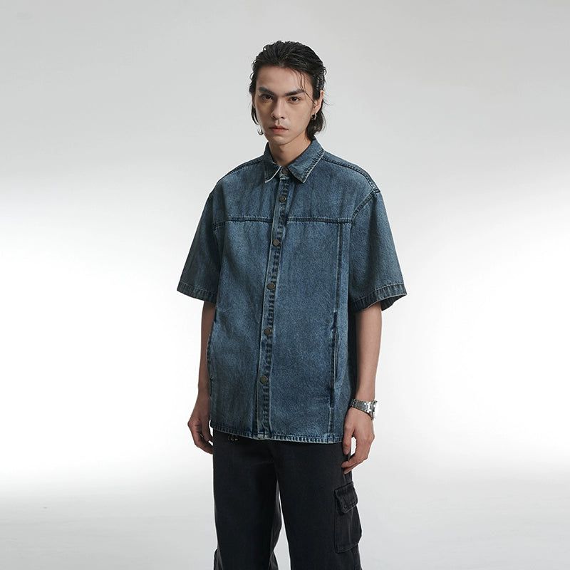 Washed Boxy Fit Denim Short Sleeve Shirt Korean Street Fashion Shirt By A PUEE Shop Online at OH Vault