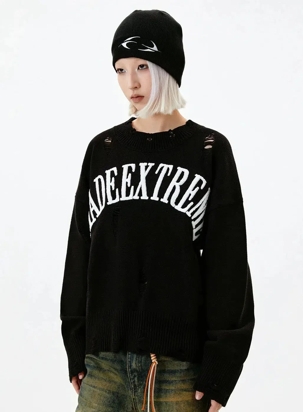 Curved Logo Distressed Sweater Korean Street Fashion Sweater By Made Extreme Shop Online at OH Vault