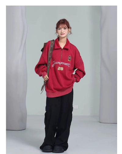 Loose Fit Washed Half-Zip Korean Street Fashion Half-Zip By Jump Next Shop Online at OH Vault