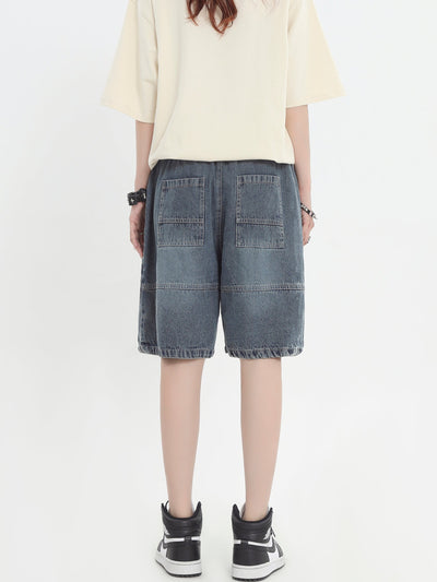 Washed Stitched Detail Denim Shorts Korean Street Fashion Shorts By INS Korea Shop Online at OH Vault