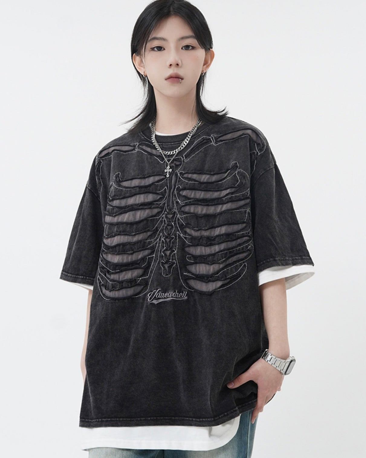 Bones Ripped Fabric T-Shirt Korean Street Fashion T-Shirt By Made Extreme Shop Online at OH Vault