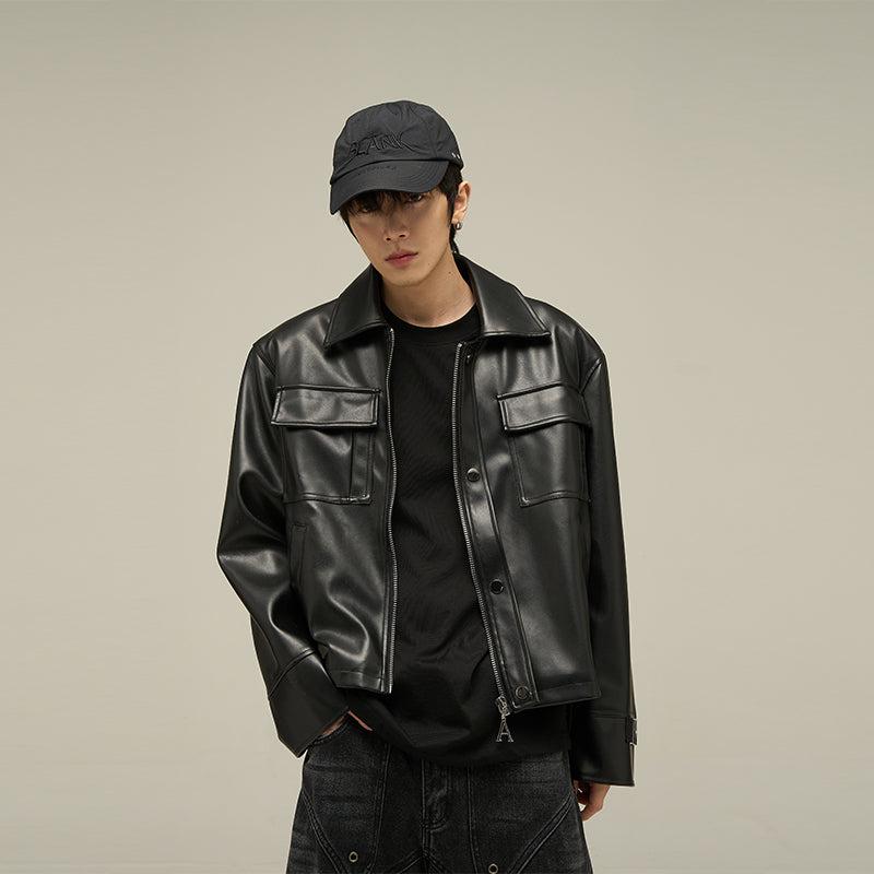 Flap Pockets Clean Fit Faux Leather Jacket Korean Street Fashion Jacket By 77Flight Shop Online at OH Vault