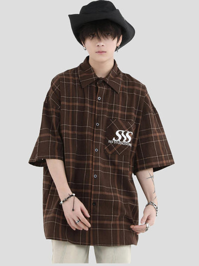 Logo Embroidery Contrast Plaid Shirt Korean Street Fashion Shirt By INS Korea Shop Online at OH Vault