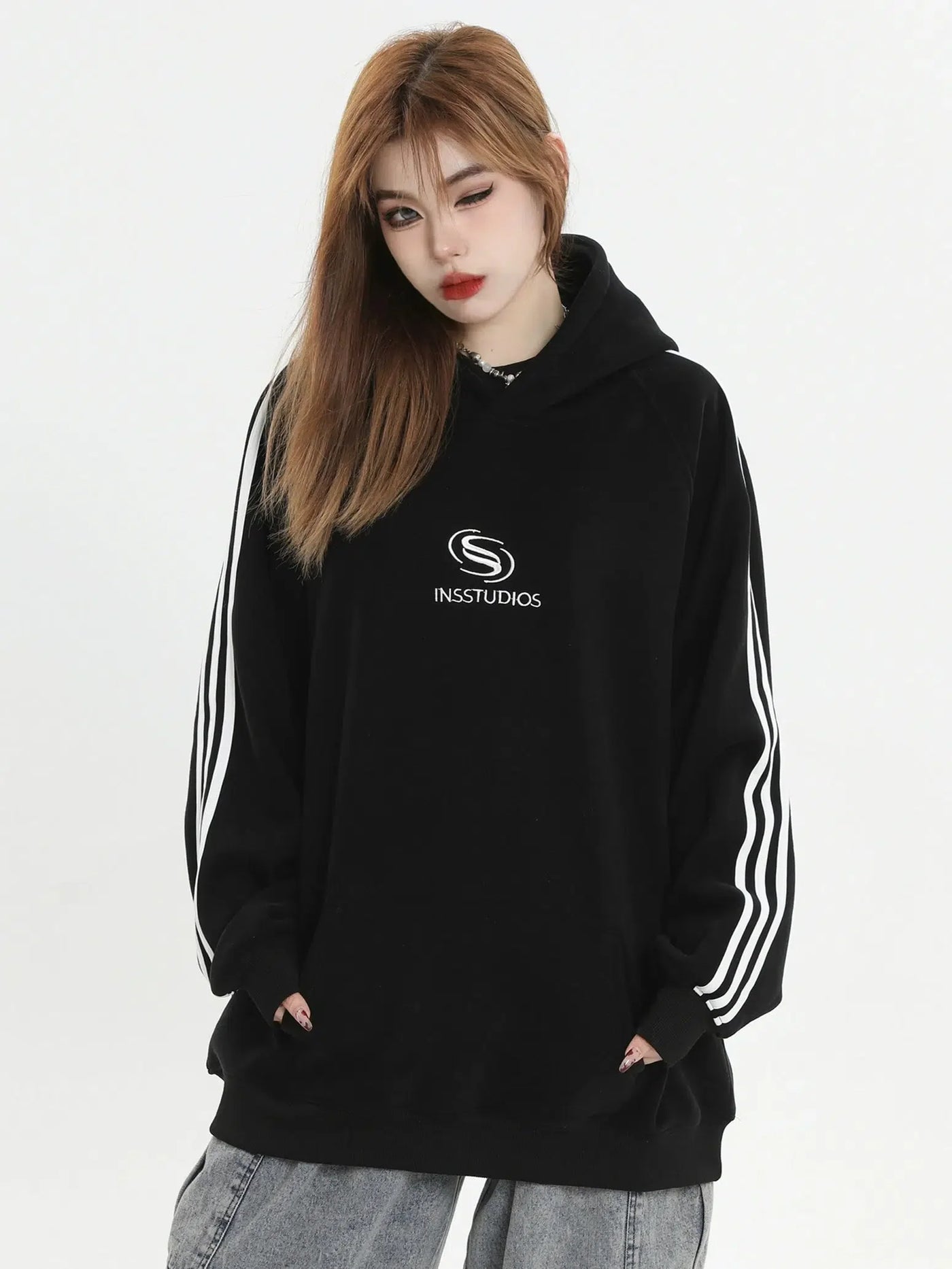 Stitched Logo Loose Fit Hoodie Korean Street Fashion Hoodie By INS Korea Shop Online at OH Vault