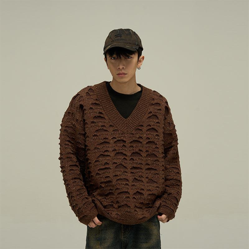 77Flight Gradient Hollow Out Pattern V-Neck Sweater Korean Street Fashion Sweater By 77Flight Shop Online at OH Vault
