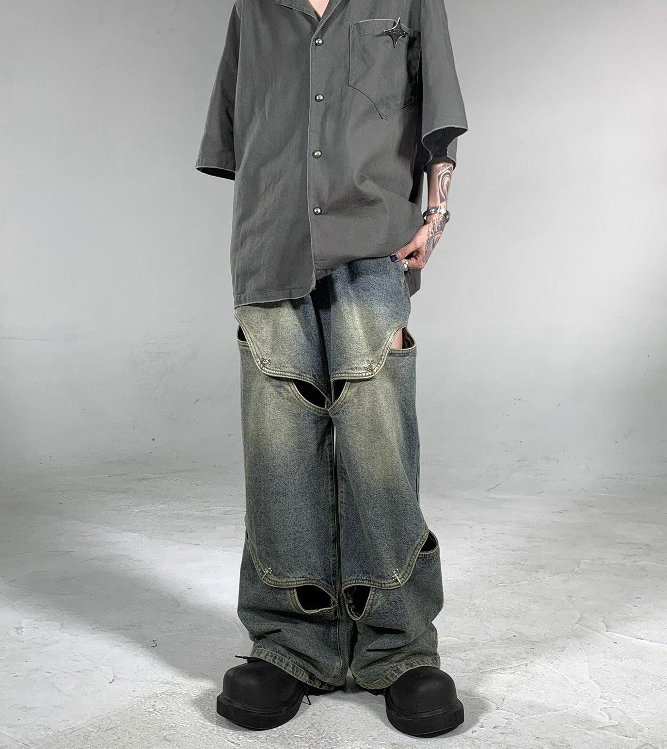 Ash Dark Metal Buckle Irregular Style Jeans Korean Street Fashion Jeans By Ash Dark Shop Online at OH Vault