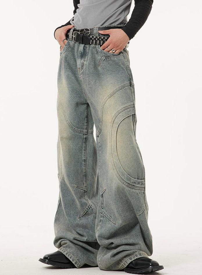 Washed Curved Stitches Wide Leg Jeans Korean Street Fashion Jeans By Dark Fog Shop Online at OH Vault