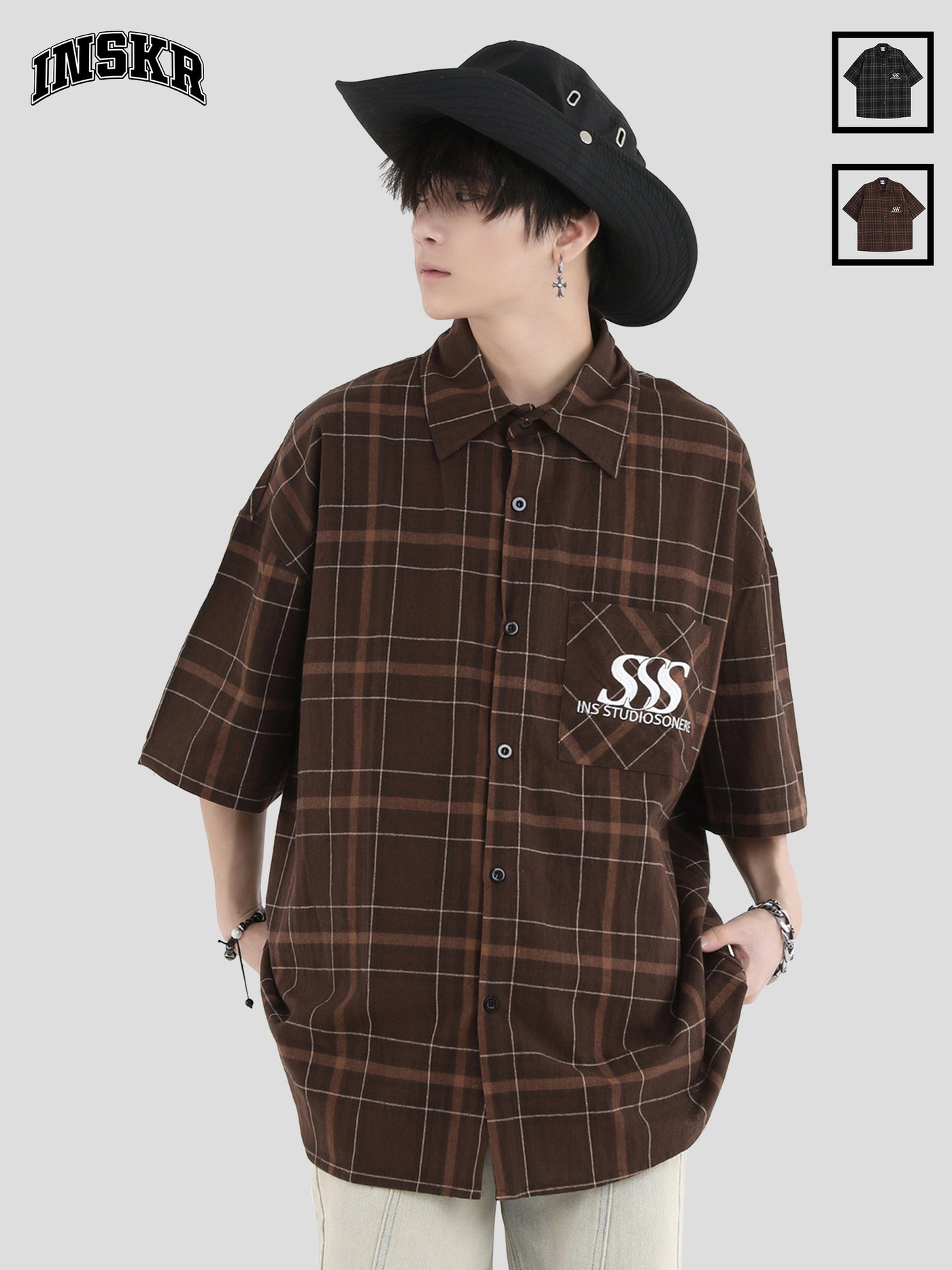 INS Korea Logo Embroidery Contrast Plaid Shirt Korean Street Fashion Shirt By INS Korea Shop Online at OH Vault