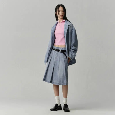 Opicloth Pleated Washed Denim Skirt Korean Street Fashion Skirt By Opicloth Shop Online at OH Vault