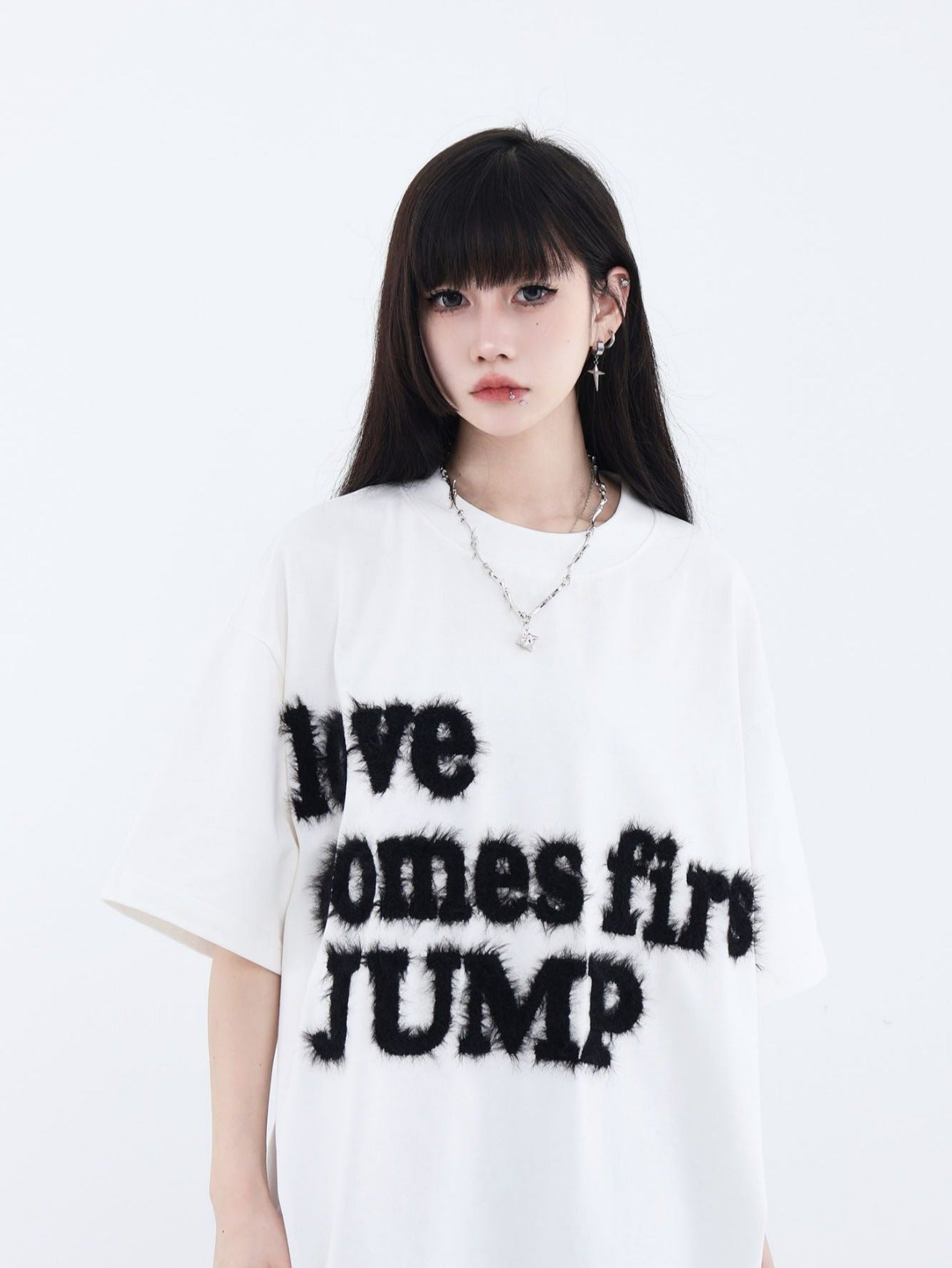Fluffy Logo Embroidered T-Shirt Korean Street Fashion T-Shirt By Jump Next Shop Online at OH Vault