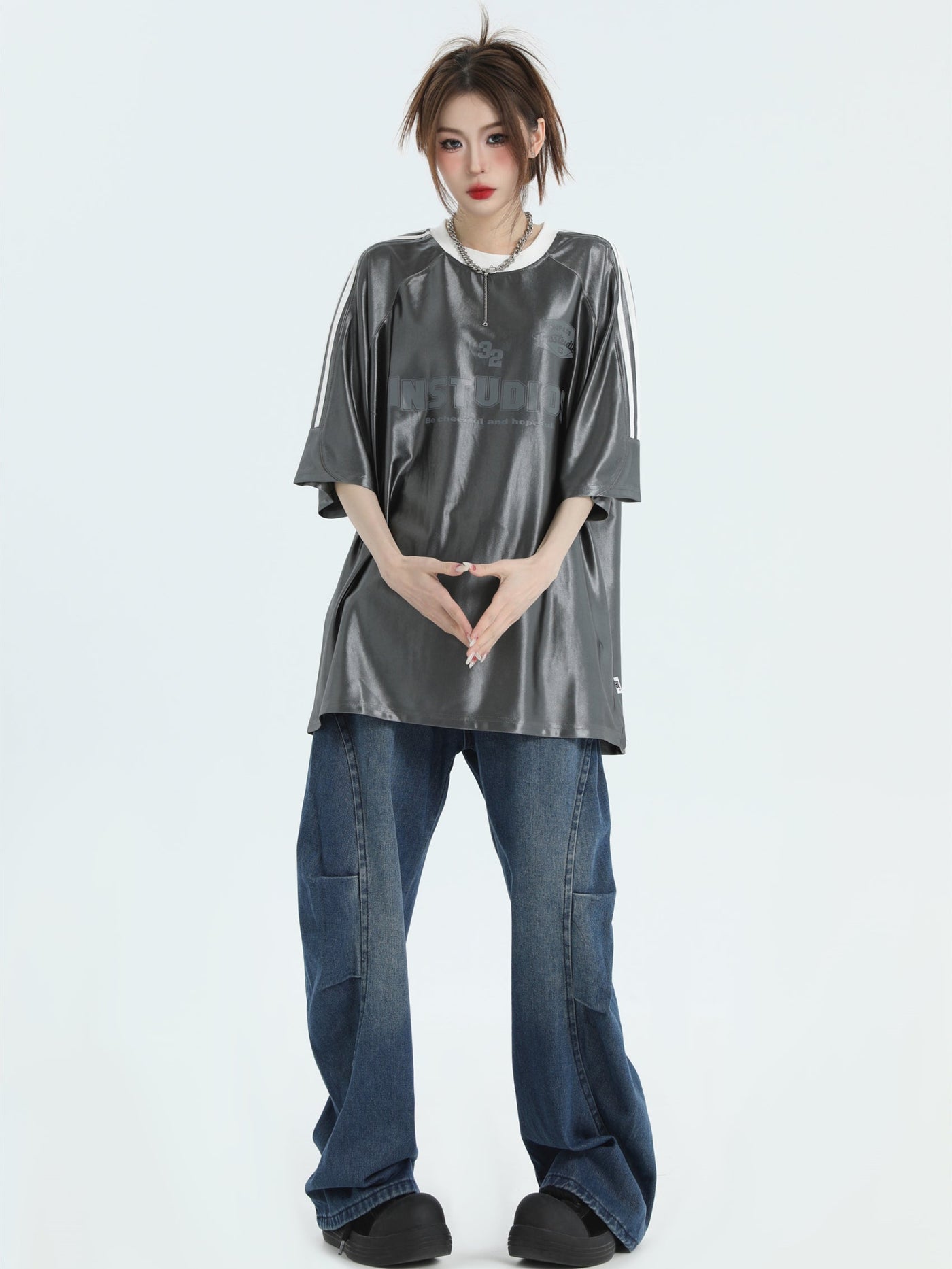 Logo Print Shiny T-Shirt Korean Street Fashion T-Shirt By INS Korea Shop Online at OH Vault