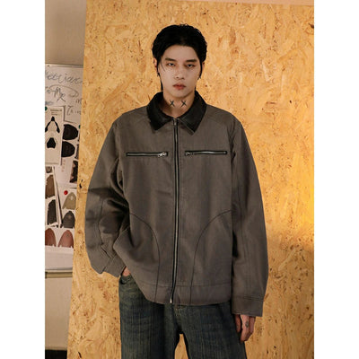 Leather Collared Zip Front Denim Jacket Korean Street Fashion Jacket By Mr Nearly Shop Online at OH Vault