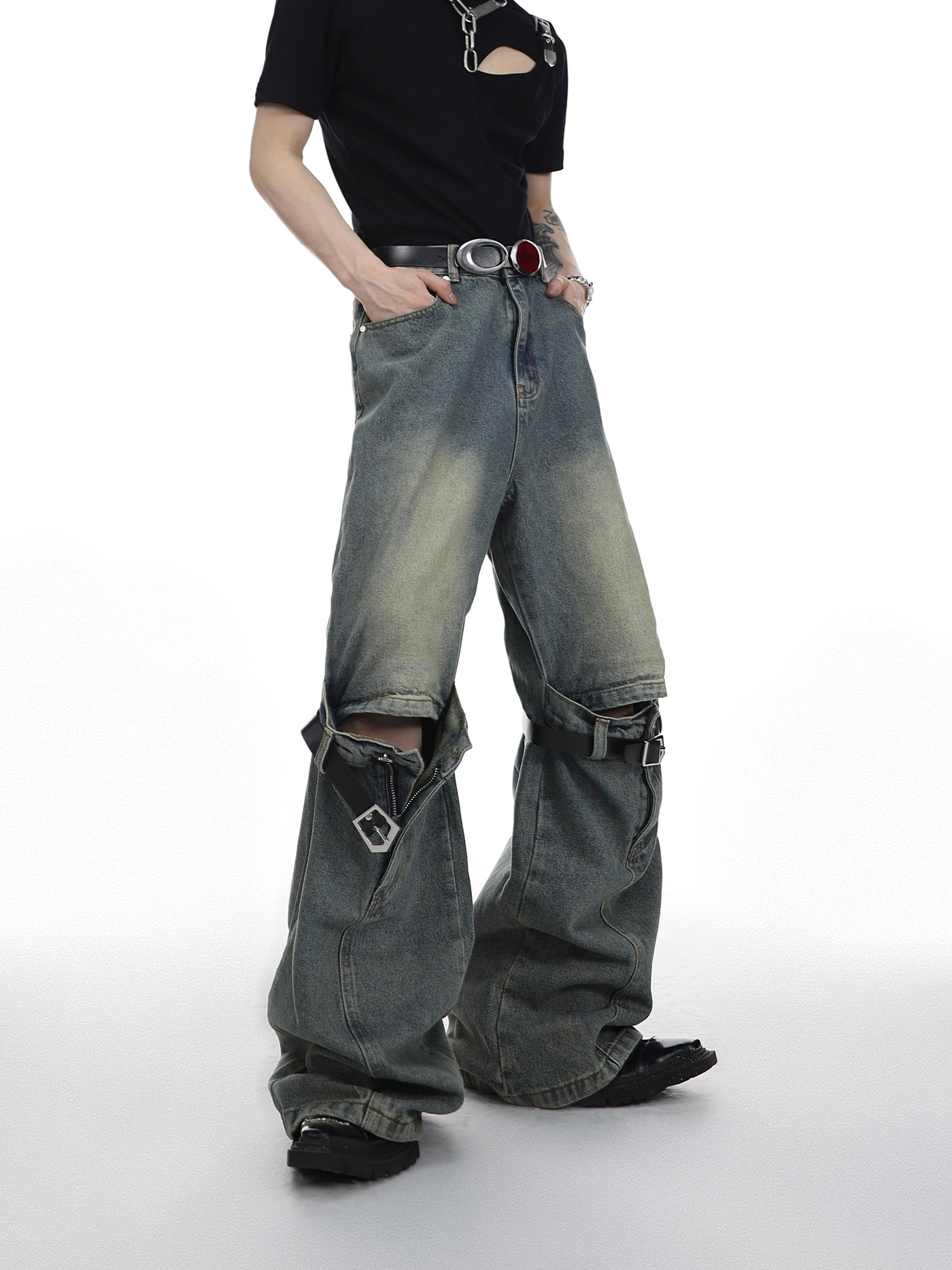 Washed Knee Buckle Belt Jeans Korean Street Fashion Jeans By Argue Culture Shop Online at OH Vault