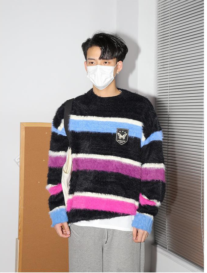 Fuzzy Striped Badge Vest & Sweater Set Korean Street Fashion Clothing Set By Poikilotherm Shop Online at OH Vault