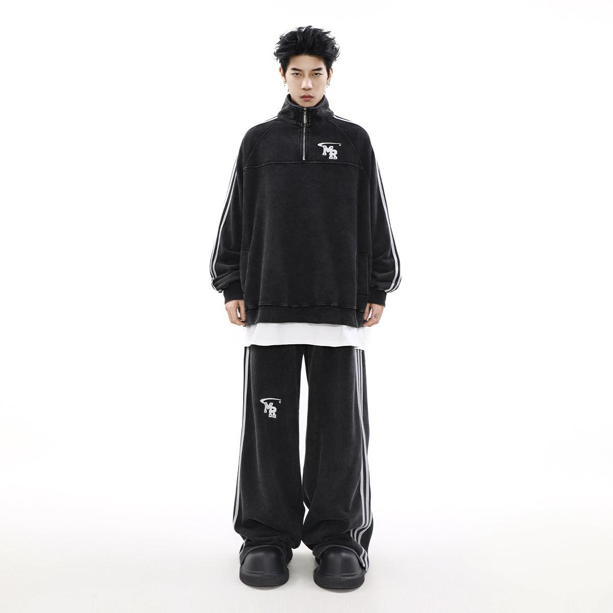 Mr Nearly Logo Embroidery Side Stripes Half-Zip & Sweatpants Korean Street Fashion Pants By Mr Nearly Shop Online at OH Vault