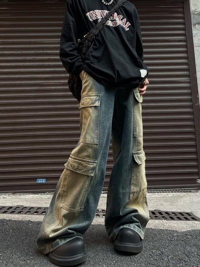 MaxDstr Gradient Contrast Velcro Pocket Cargo Jeans Korean Street Fashion Jeans By MaxDstr Shop Online at OH Vault