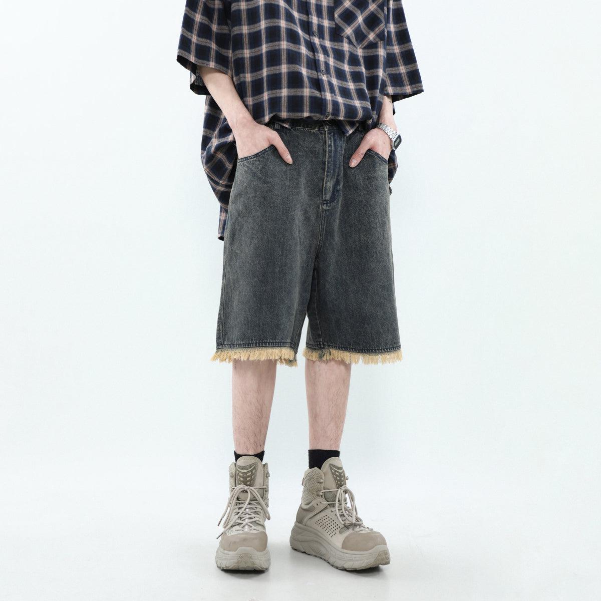 Mr Nearly Asymmetric Pocket Tassel Hem Denim Shorts Korean Street Fashion Shorts By Mr Nearly Shop Online at OH Vault